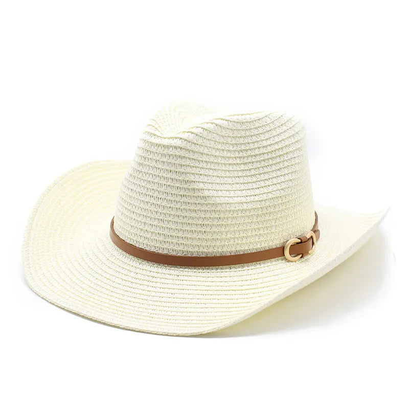 women's cowboy style solid color flat eaves straw hat