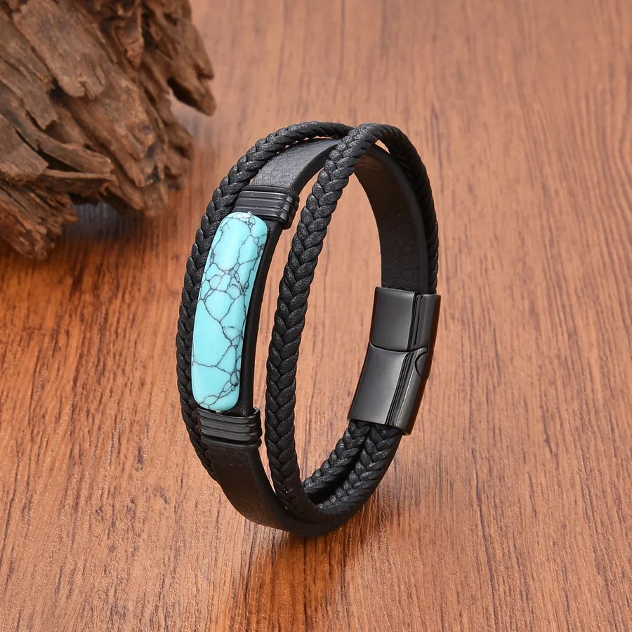 Vintage Style Geometric Leather rope Stone Metal Layered Magnetic Men's Bracelets