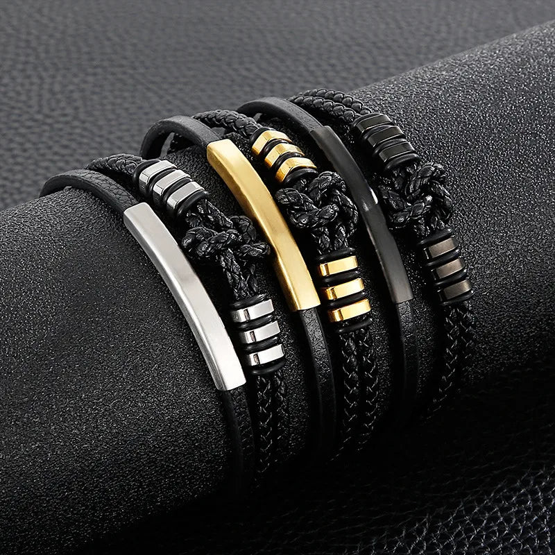 Hip-Hop Retro Color Block Pu Leather Titanium Steel Irregular Plating 18K Gold Plated Men's Bangle