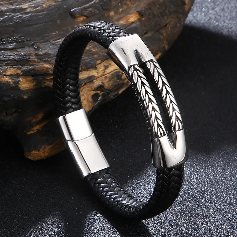 Retro Punk Geometric 304 Stainless Steel Pu Leather Plating Men's wristband Men Cord & Leather Bracelets