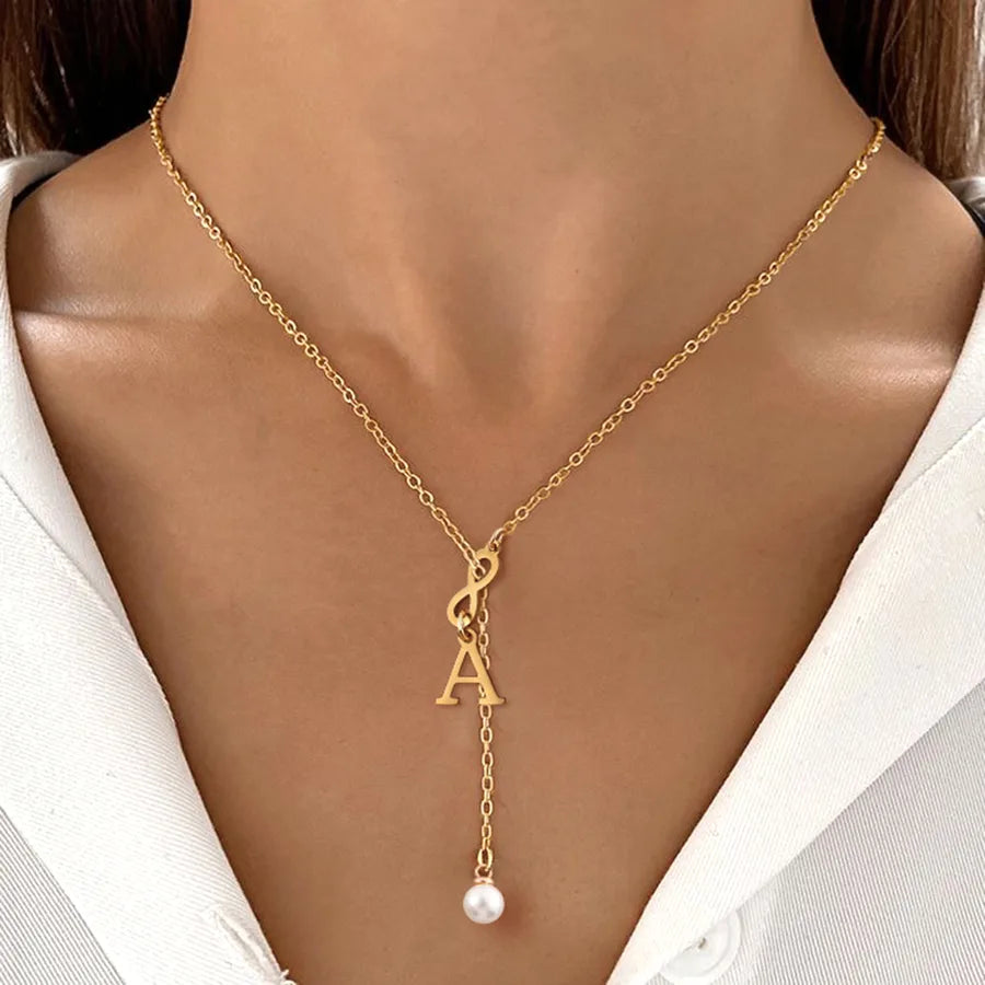 Wholesale Jewelry Elegant Simple Style Letter Infinity 201 Stainless Steel 304 Stainless Steel Artificial Pearl cable chain Pendant Necklace