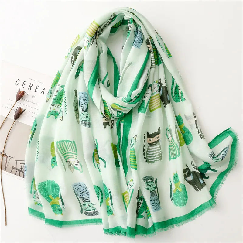 Factory Sales   Live Broadcast Cute Kitten Paradise Printed Silk Scarf Satin Cotton Long Scarf Spring and Autumn Sunscreen Travel Scarf