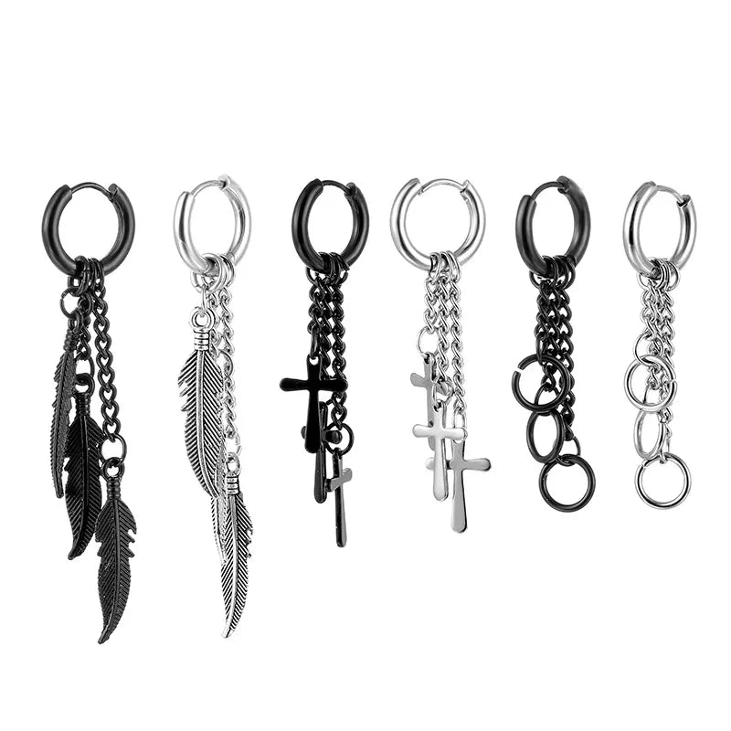 fashion cross feather stainless steel polishing drop earrings 1 piece