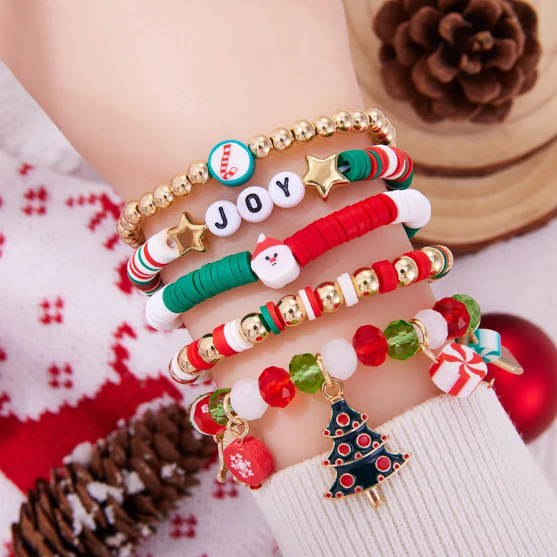 Christmas Theme Bracelet Set Santa Claus Christmas Tree Flower Ring Snowflake Cane Candy Crystal Beads Festival Jewelry