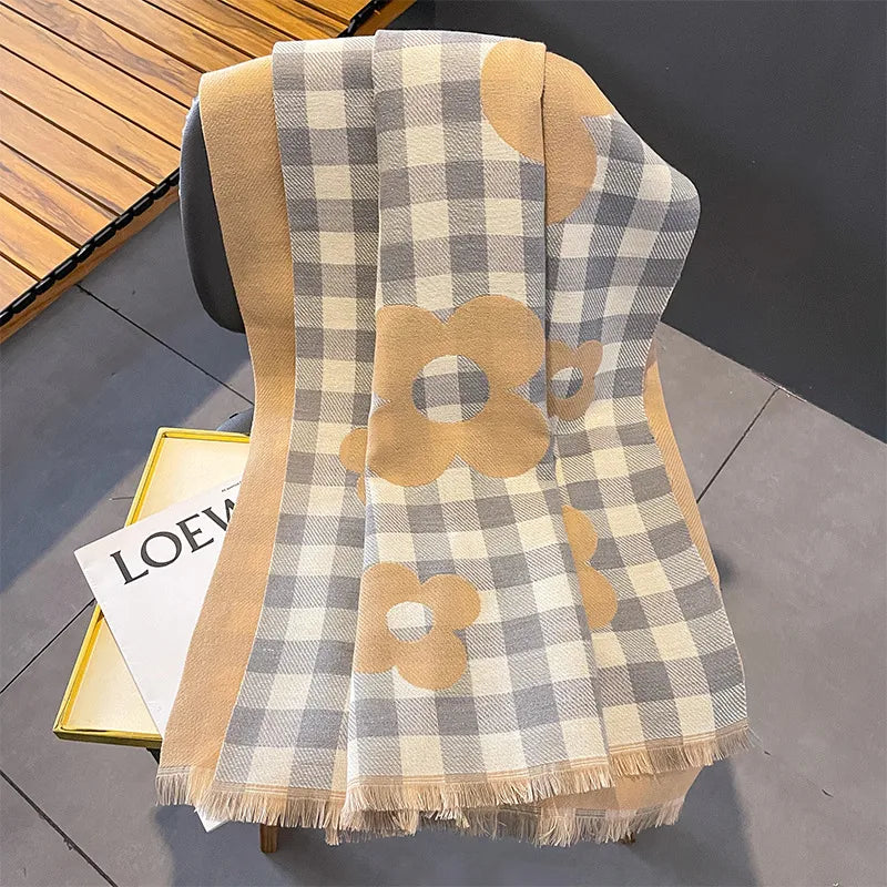 women's lady classic style plaid flower imitation cashmere scarf