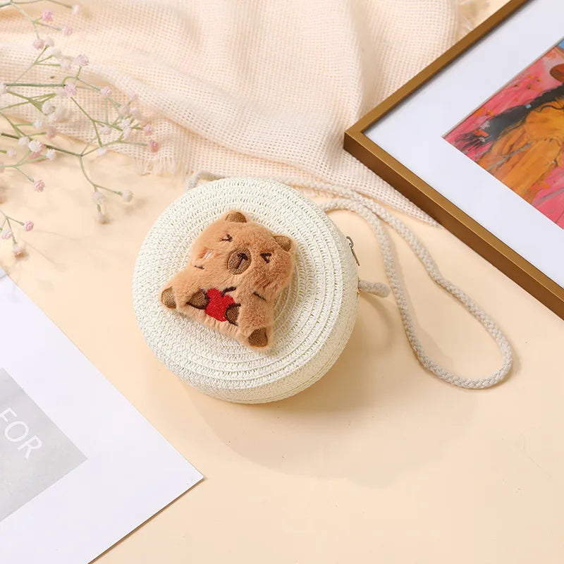 Summer Woven Bag  New Children's Cute Capibala Seaside Vacation Straw Woven Bag Crossbody Coin Purse