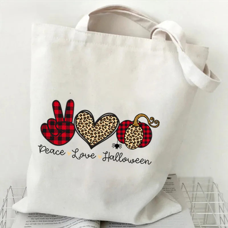 Halloween Cartoon Pumpkin Decorated Student Canvas Bag Handbag Shopping Commuter Bag Large Square Fashion Tote Bag