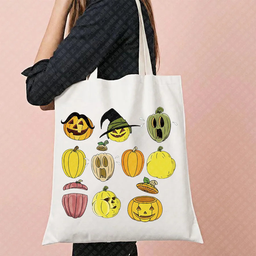 Scary Cat Halloween Pumpkin Pattern Canvas Tote Bag Reusable Shopping Bag Large Square Shape Double Shoulder Strap Tote Bag