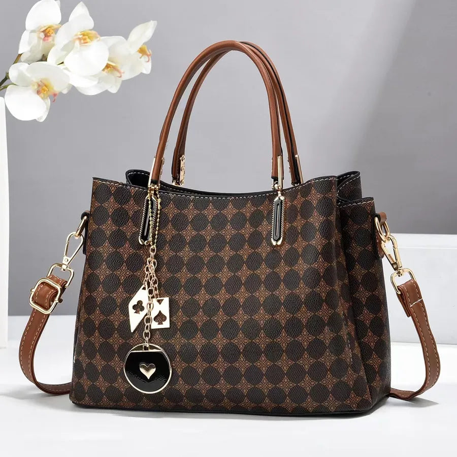Women's Pu Leather Monogram Classic Style Sewing Thread Bucket Zipper Handbag