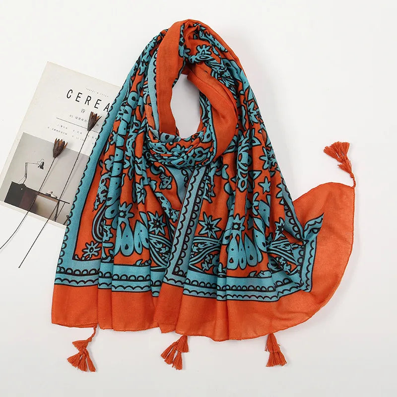 women's retro color block polyester printing scarf