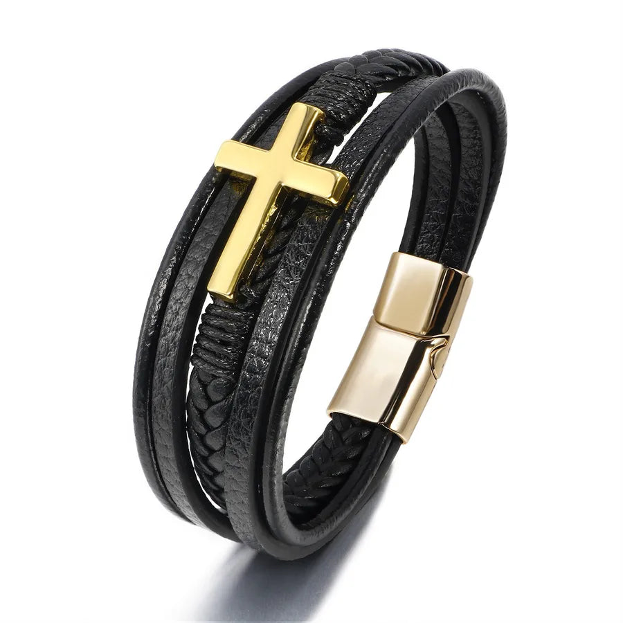 ethnic style cross pu leather braid men's wristband