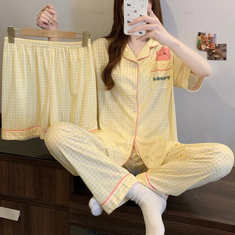 Sweet Heart Plaid Long Sleeve Sleepwear Set Women's Home Clothes Spring Autumn Season Polyester Milk Silk Thin Breathable Casual