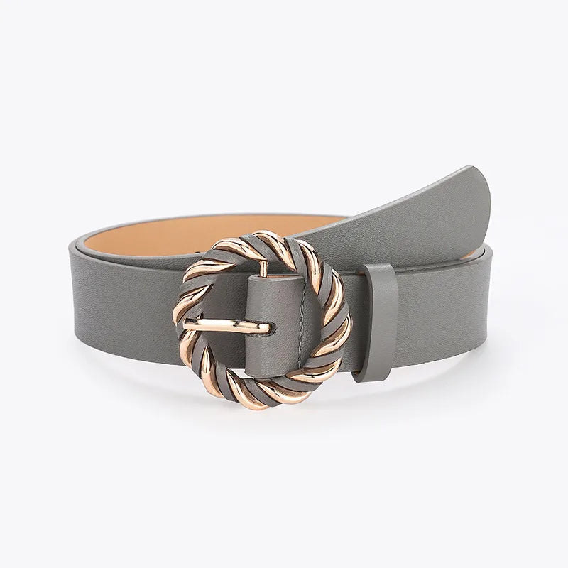 retro round solid color pu leather alloy women's leather belts