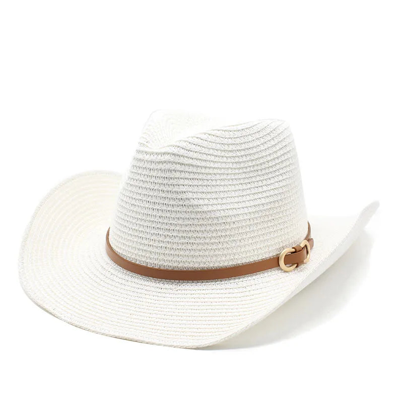 women's cowboy style solid color flat eaves straw hat