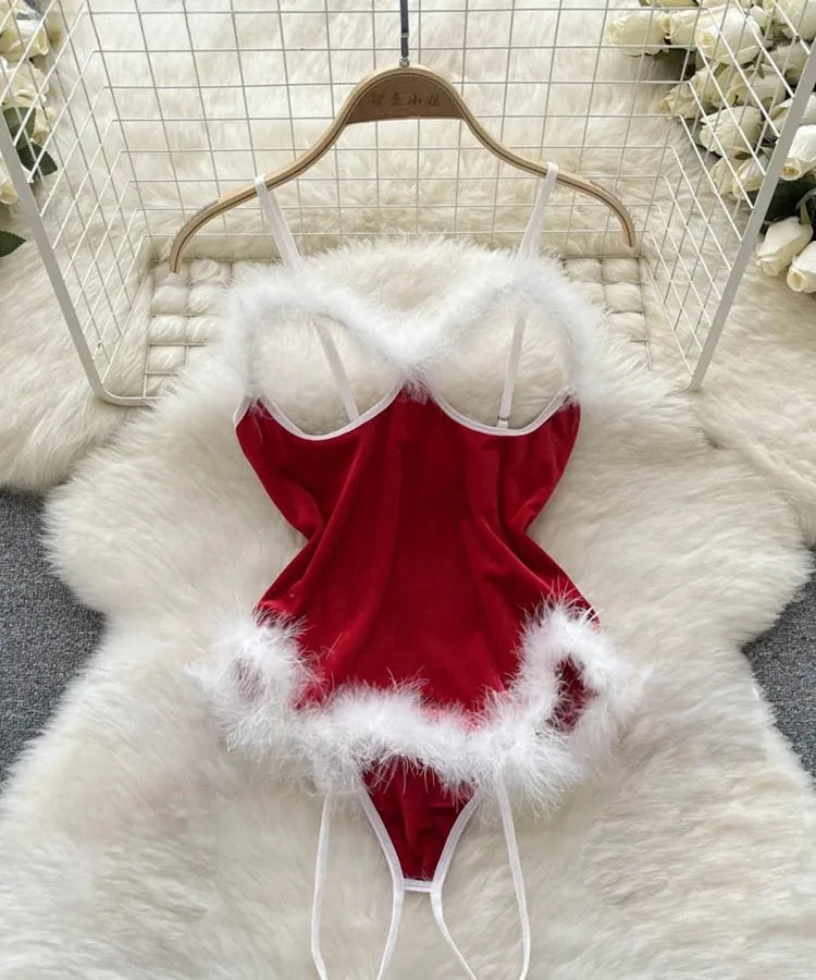 Women's Christmas Sexy Solid Color Sexy Lingerie Sets Party Jumpsuit Mid Waist Thong Sexy Lingerie
