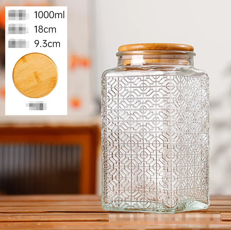 Glass Embossed Glass Sealed Jar Square Storage Jar Snack Dried Fruit Storage Jar Kitchen Household Glass Jar Vintage