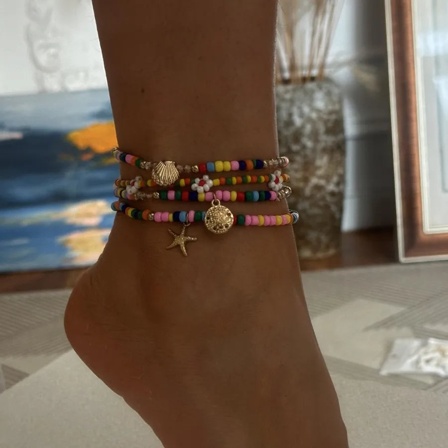 Bohemian Vacation Style Alloy Starfish Scallop Mixed Color Rice-Shaped Beads Stringed Beads Anklet Suit Beach Chain Summer