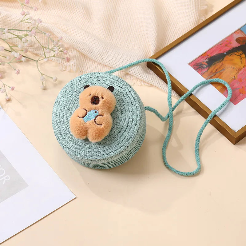 Summer Woven Bag  New Children's Cute Capibala Seaside Vacation Straw Woven Bag Crossbody Coin Purse