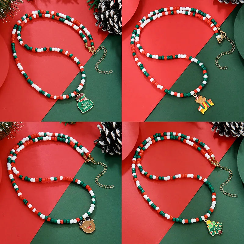 Christmas Themed Double Layered Necklace With Santa Claus Design Glass Beads Clavicle Chain Jewelry Accessory For Unisex Use