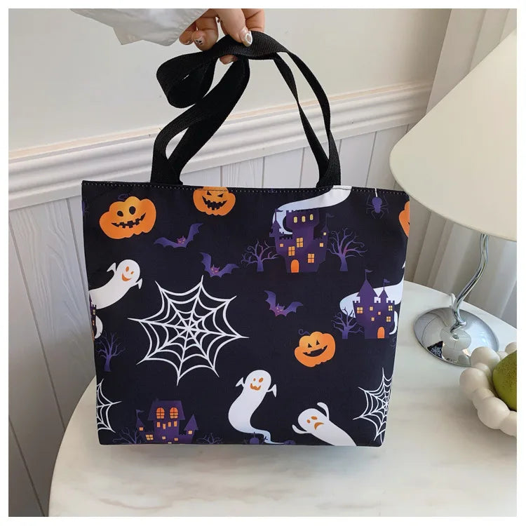Halloween High Capacity Tot Bag Pumpkin Witch Casual Single Shoulder Bucket Shape Zipper Closure Nylon Material Street Style