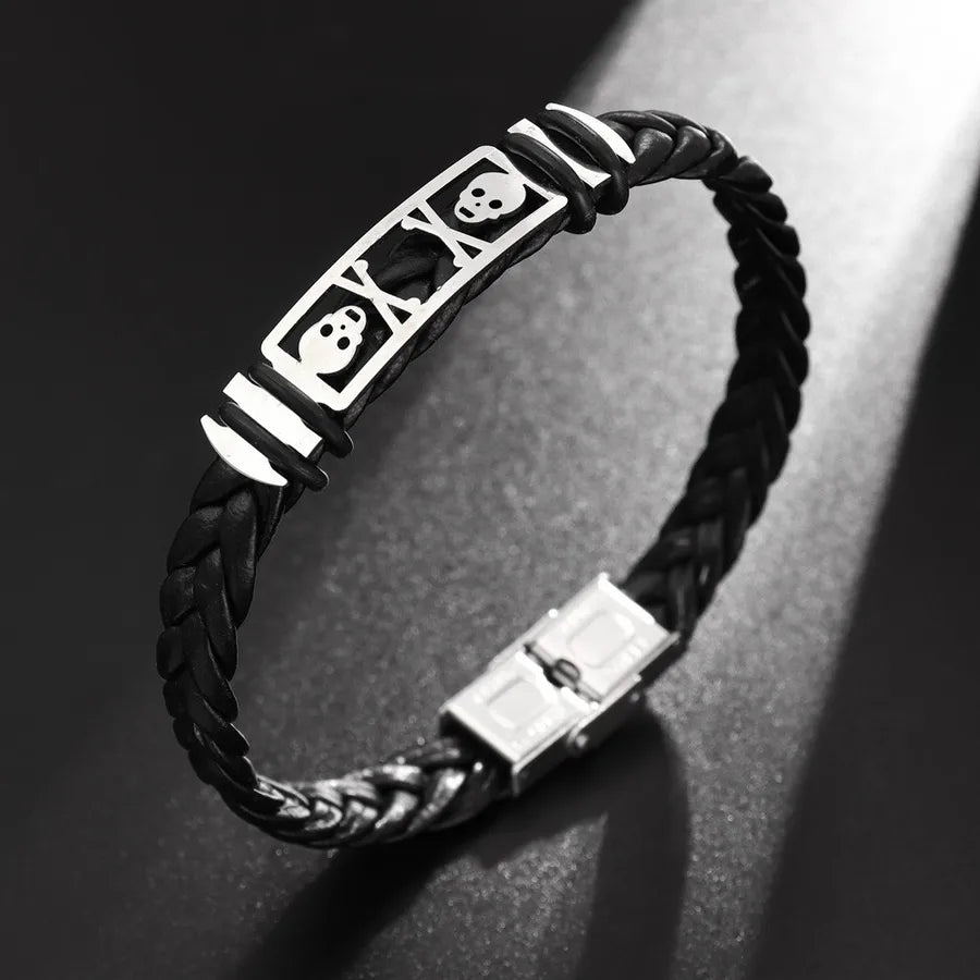 Retro Punk Solid Color 304 Stainless Steel Pu Leather Plating Men's Bangle Men Cord & Leather Bracelets