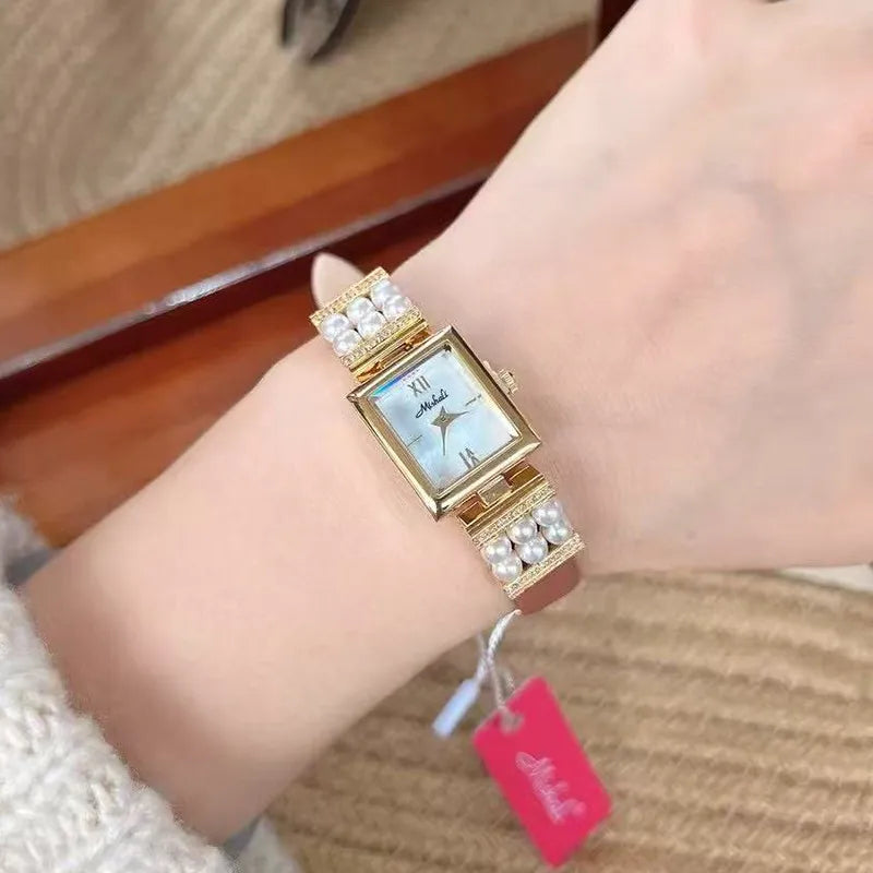 Luxurious Pearl Women's Watch Genuine Leather Strap Quartz Movement Square Face Fashionable Minimalist Design New  Model