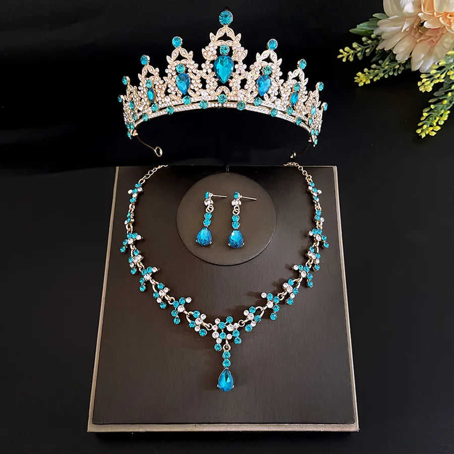 sweet water droplets heart shape alloy plating inlay rhinestones women's crown earrings necklace
