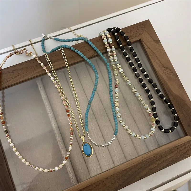 basic geometric natural stone titanium steel copper necklace