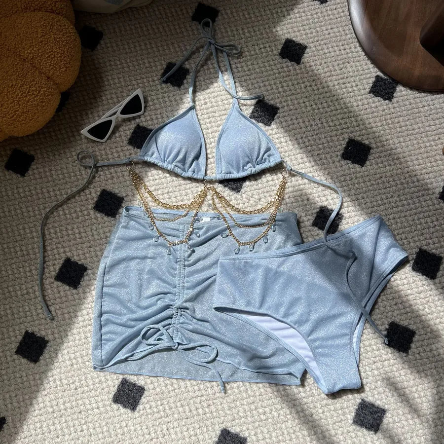 Women's Sexy Solid Color 3 Pieces Set Bikinis Swimwear