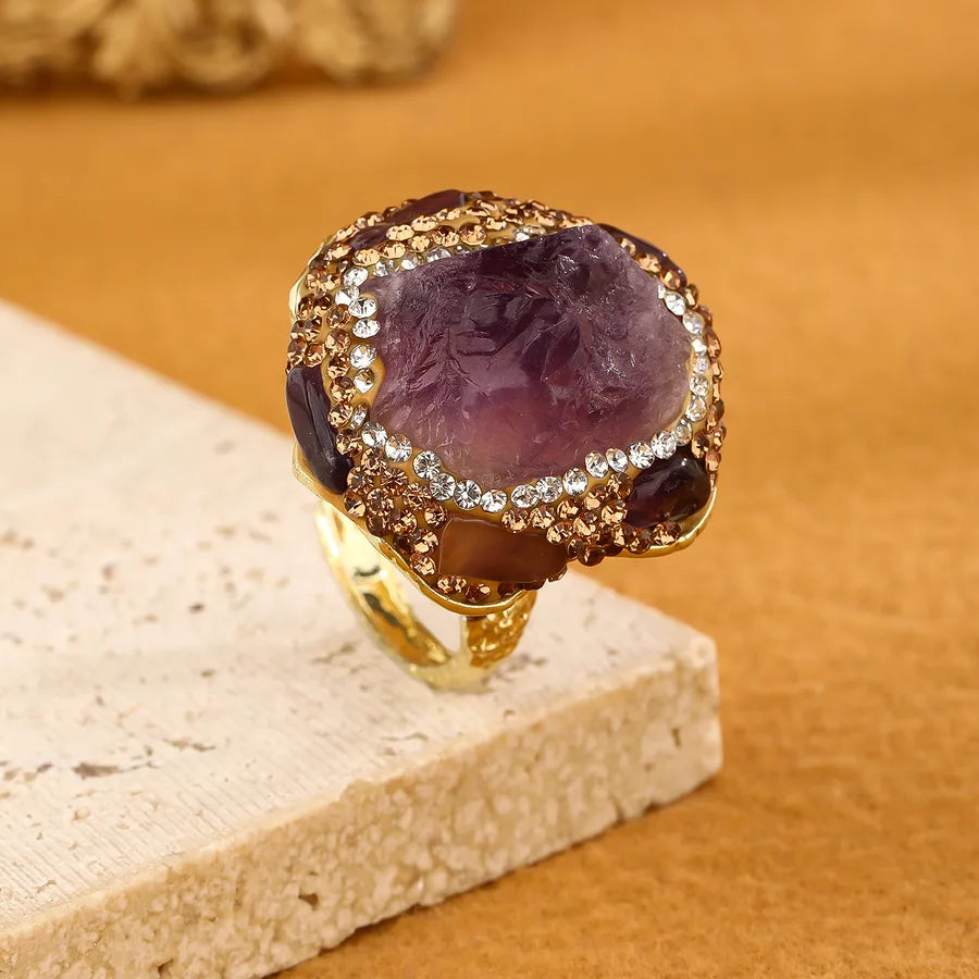Elegant Vacation Handmade Irregular natural stone Crystal Copper Asymmetrical Irregular Natural Stone Crystal 14K Gold Plated Women's Open Rings