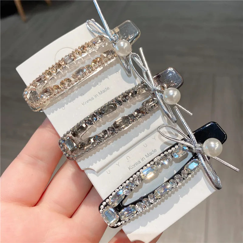New Elegant Zircon Diamond Hair Clip High-End Silver Butterfly Knot Pearl Rhinestone Edge Duckbill Hair Clip Women's Headwear