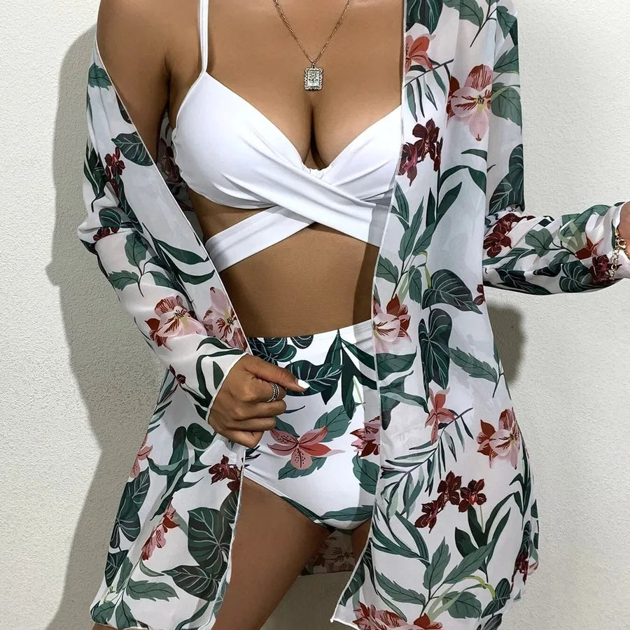 Women's Simple Style Ditsy Floral 3 Pieces Set Bikinis Swimwear