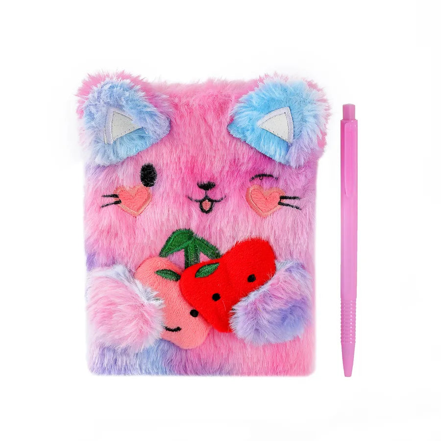 Cartoon Plush Cat Dog Notebook Set Of 2 With Pen Children's Cute Writing Notebook Gift Book Colorful Furry Leopard Pattern