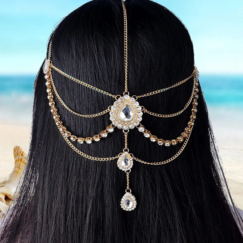 Fashionable Bohemian Gold Crystal Waterdrop Tassel Hair Accessory Headband Alloy Geometric Pattern Women's Headwear