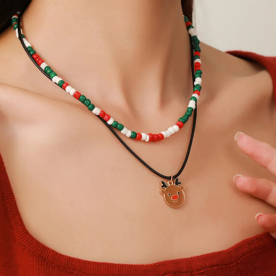 Christmas Themed Double Layered Necklace With Santa Claus Design Glass Beads Clavicle Chain Jewelry Accessory For Unisex Use