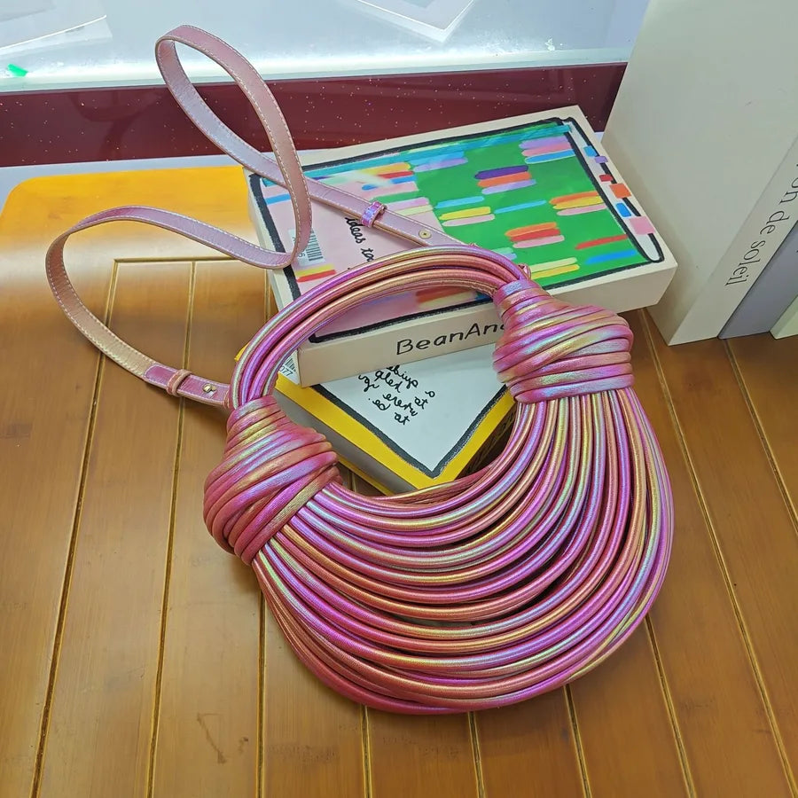 Women's Small Pu Leather Stripe Elegant Vacation Dumpling Shape Zipper Straw Bag
