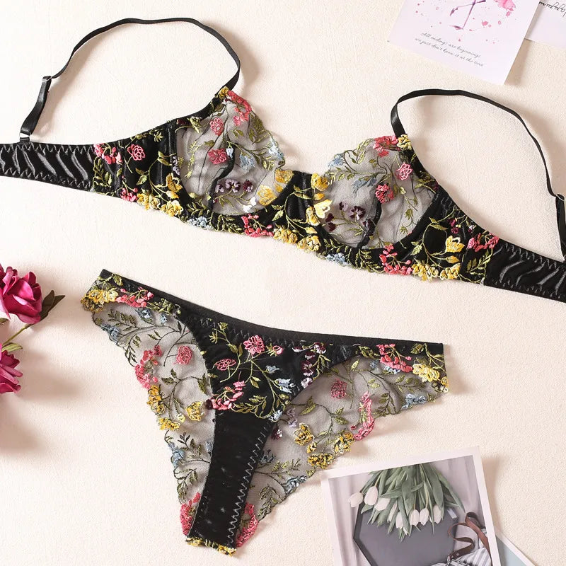women's sexy flower sexy lingerie sets party embroidery sheer bra low waist thong sexy lingerie