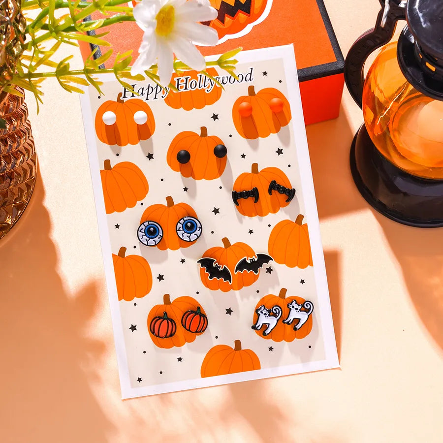 Creative Halloween Series Alloy Pumpkin Bat Women's Earrings 8 Pairs Cartoon Design Zinc Alloy Personalized Jewelry Accessories