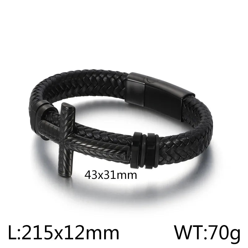 1 piece fashion cross cowhide titanium steel plating men's bangle