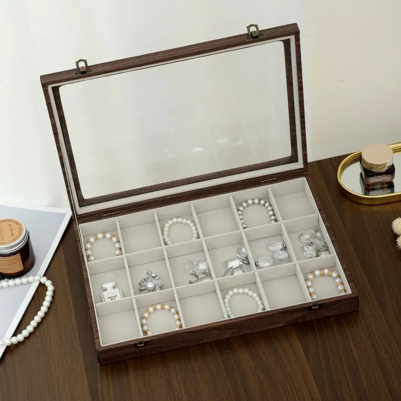 Retro Style Wooden Texture Leather Jewelry Box With Glass Lid Dustproof Storage For Rings Necklaces Bracelets Accessories Display