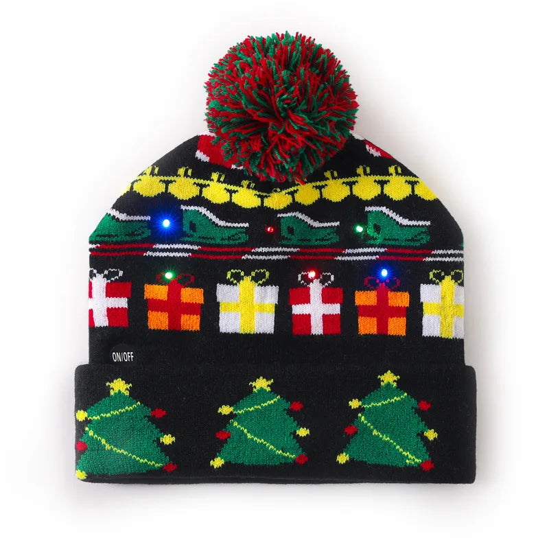 In Stock  Christmas Hat with Light Led Seven-Color Lights Adult Jacquard Hat Woolen Cap Men's and Women's Knitted Hat