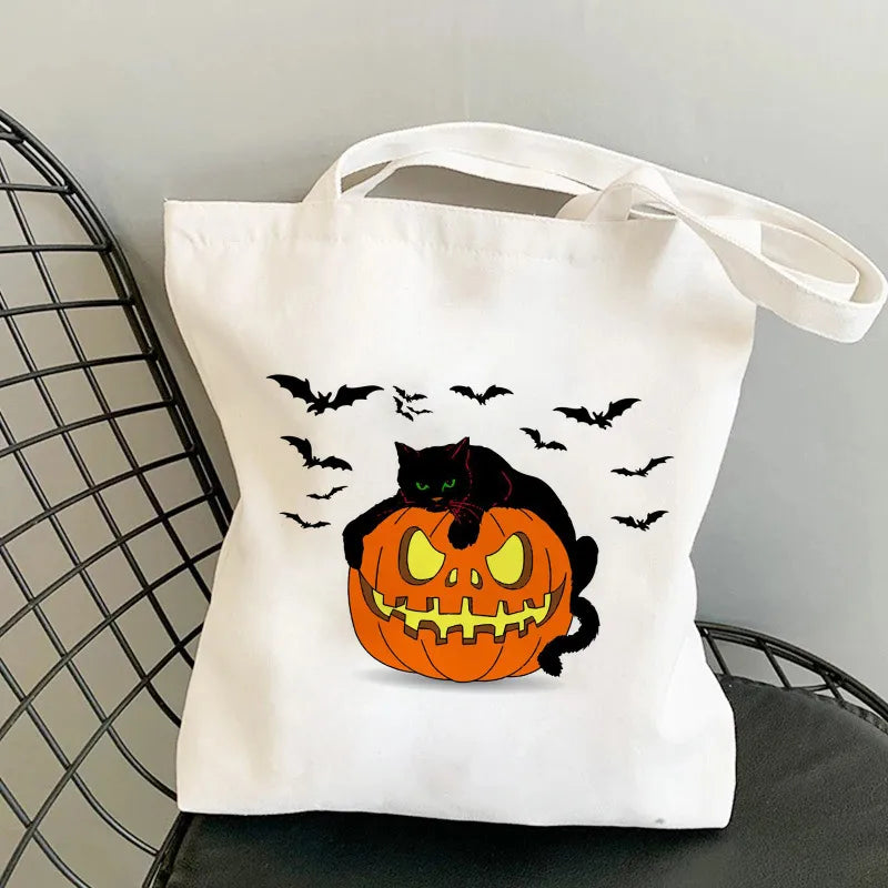 Halloween Women's Medium Canvas Pumpkin Cat Cute Square Open Underarm Bag