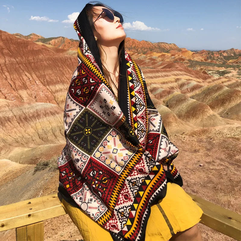 women's retro vacation geometric cotton and linen scarf