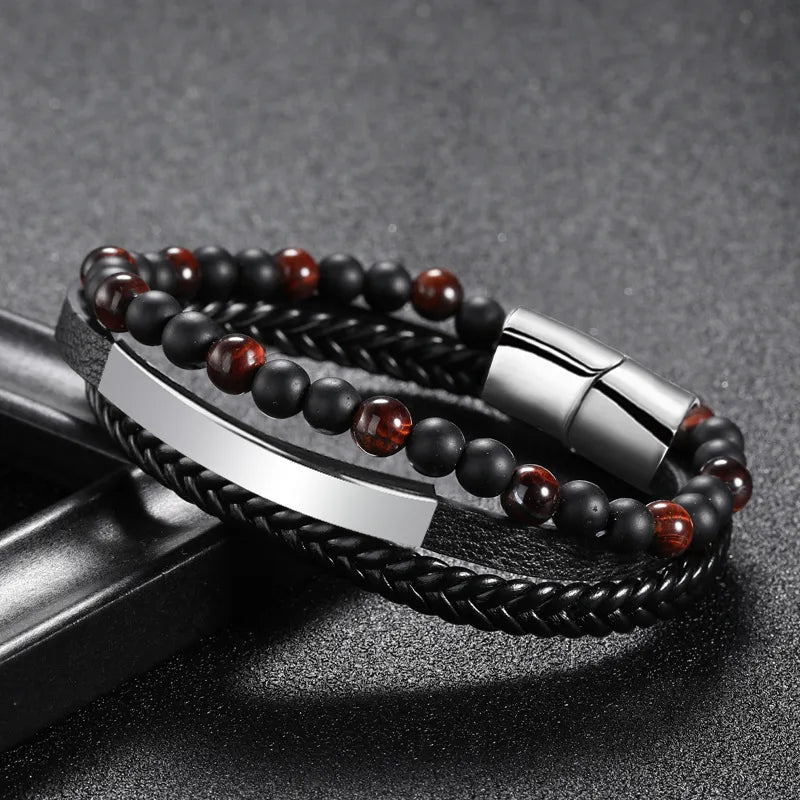 1 piece fashion round pu leather alloy beaded layered patchwork men's bracelets