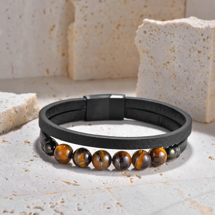 Men's Double-Layer Stainless Steel Black Button Bracelet Woven Leather Tiger Eye Handmade Beaded Bracelet L20329