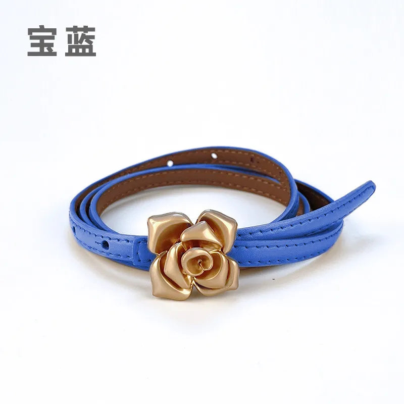 New Genuine Leather Women's Thin Belt Women's Flower Waist Slim Cowhide Women's Belt with Sweater Dress