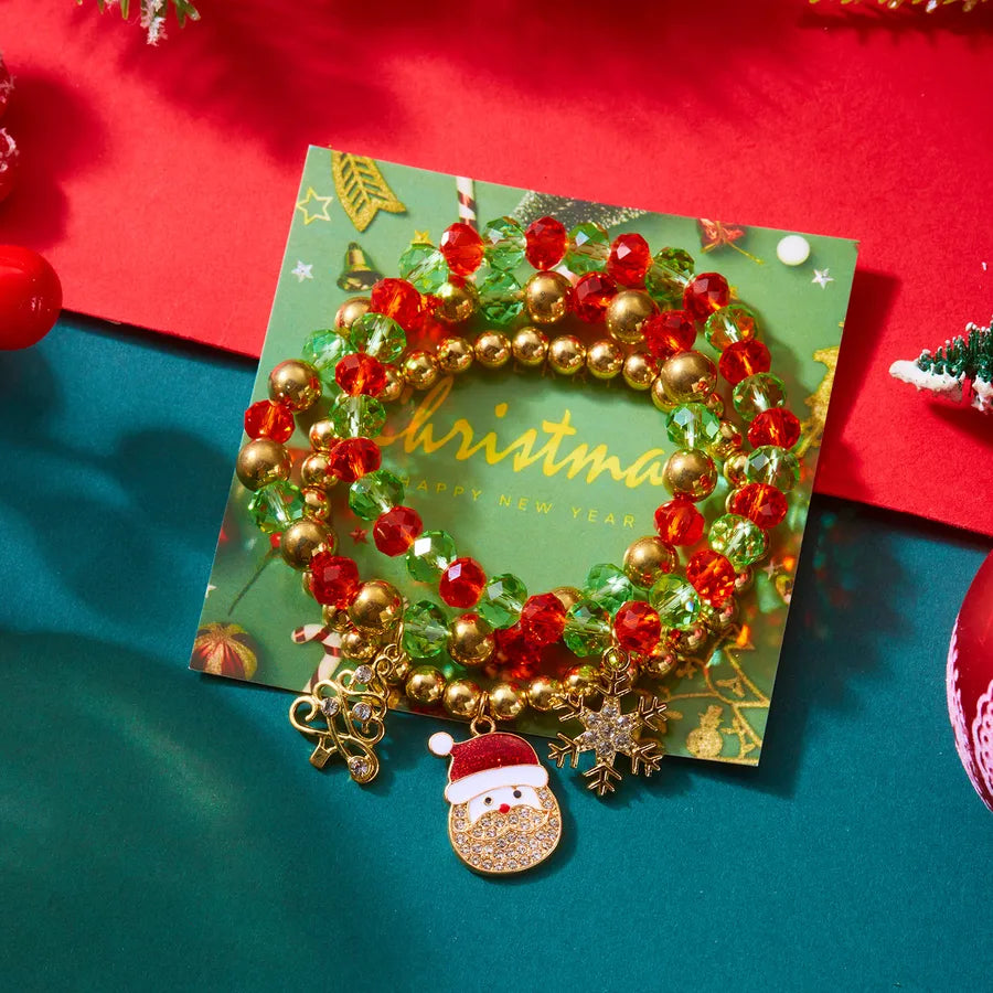 Christmas Themed Elastic Bracelet Set Santa Claus Snowflake Pendant Beaded Style Hand Chain Festive Jewelry Accessory