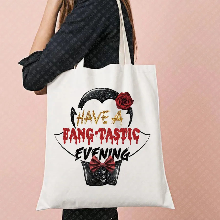 Halloween Movie Pattern Canvas Tote Bag Reusable Shopping Shoulder Bag Travel Large Square Printed Handbag Retro Style Women