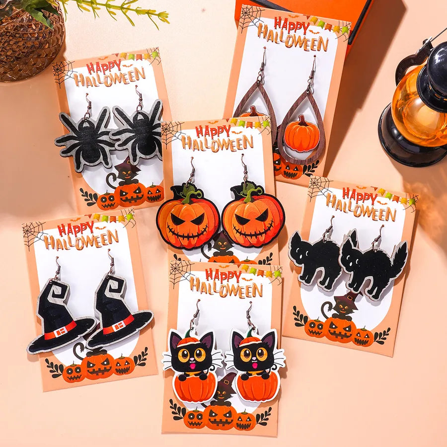 Creative Halloween Theme Wooden Pumpkin Spider Cat Earrings Quirky Cartoon Style Women's Simple Design Dangle Stud Earrings