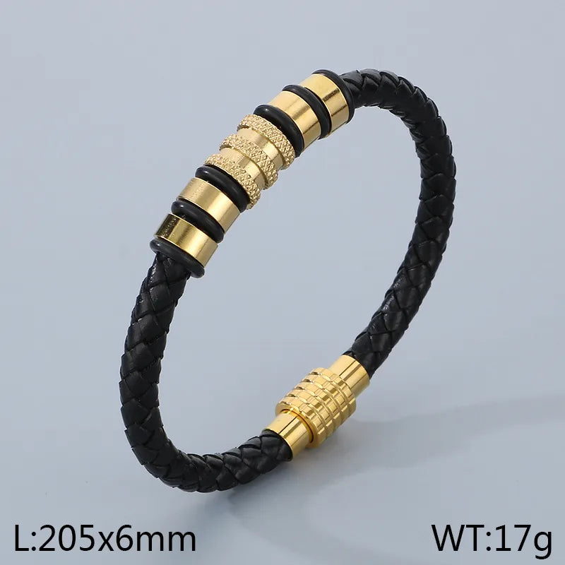 Simple Style Geometric 304 Stainless Steel Super fine reinforced leather 18K Gold Plated Men's Bangle